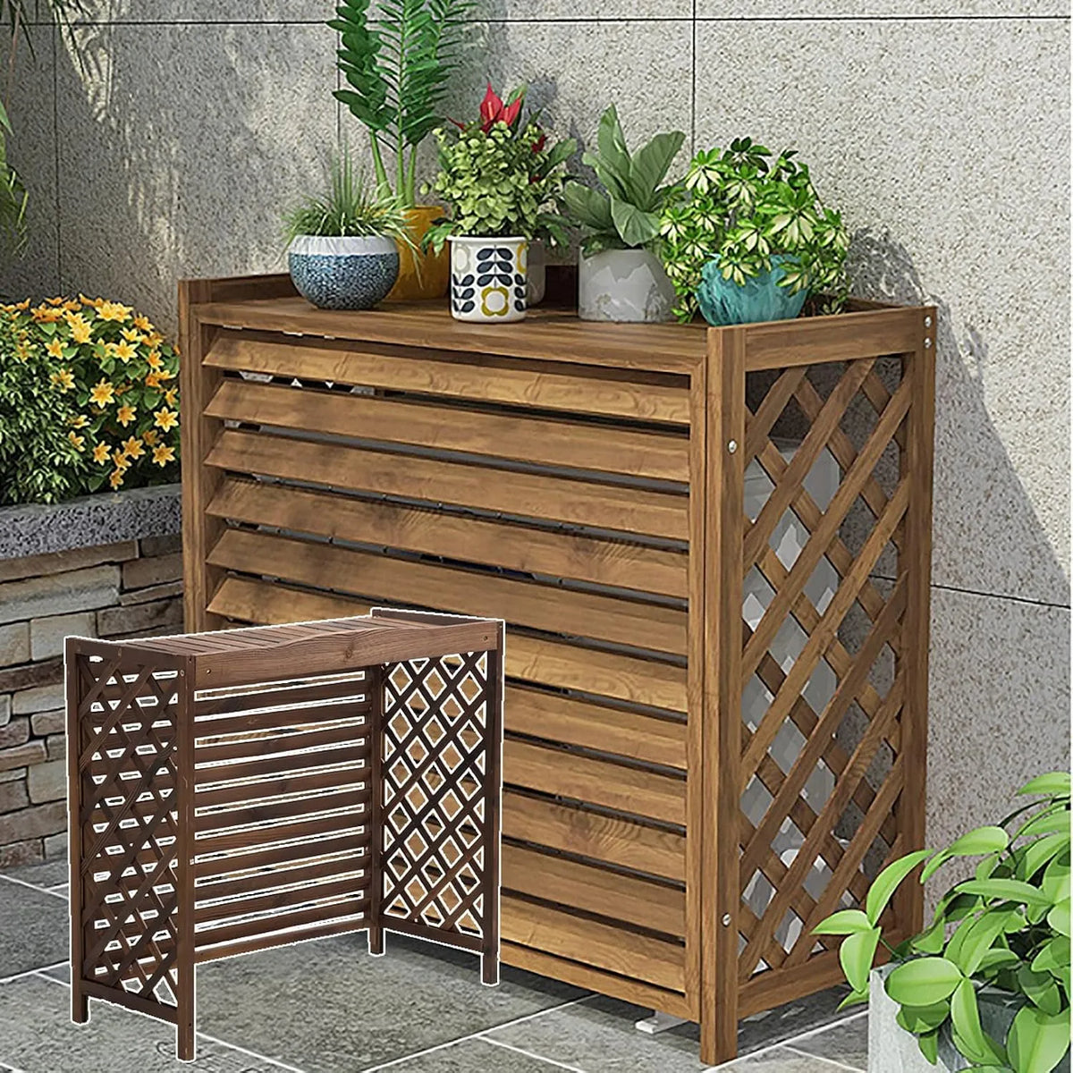 Climatiseur Cache, extérieur en Bois avec Support à Fleurs, Protection ajourée en Bois Massif pour, radiateur, présentoir