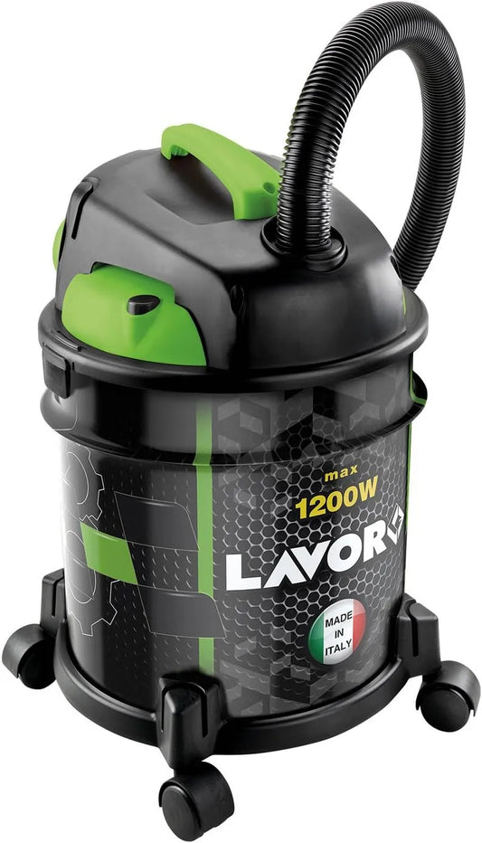 Aspirateur 1200 Lavor, Puissance d'aspiration 18 kpa, Réservoir Acier 20 litres, Flexible 1,5 mètres, Eau et Poussière Rudy S, Watt Max, Vert