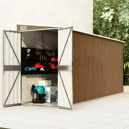 Abri de jardin, Mural Marron 118x382x178 cm Acier galvanisé, Remise de Jardin avec Porte, Solution de Stockage Extérieur Cabane de Rangement à Outils