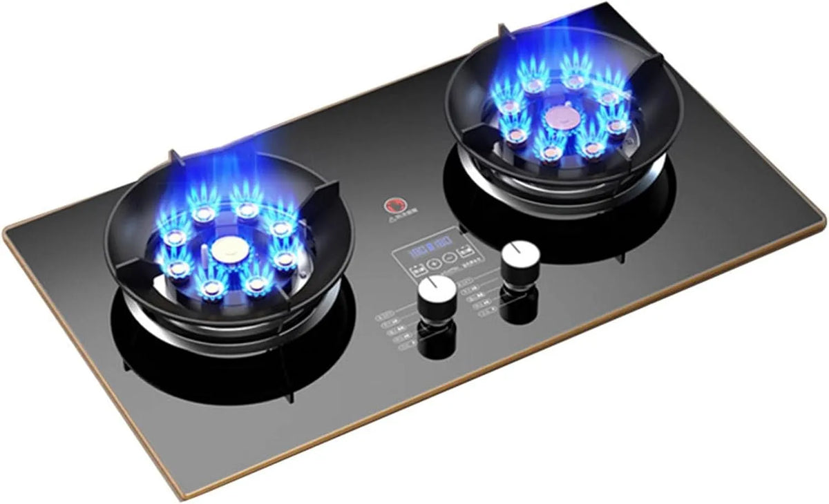 Cuisinière à gaz, 2 Brûleurs 17742BTU Support De Casserole En Fonte En Verre Trempé finition noire, Minuterie De 180 Minutes, double Face Indépendante