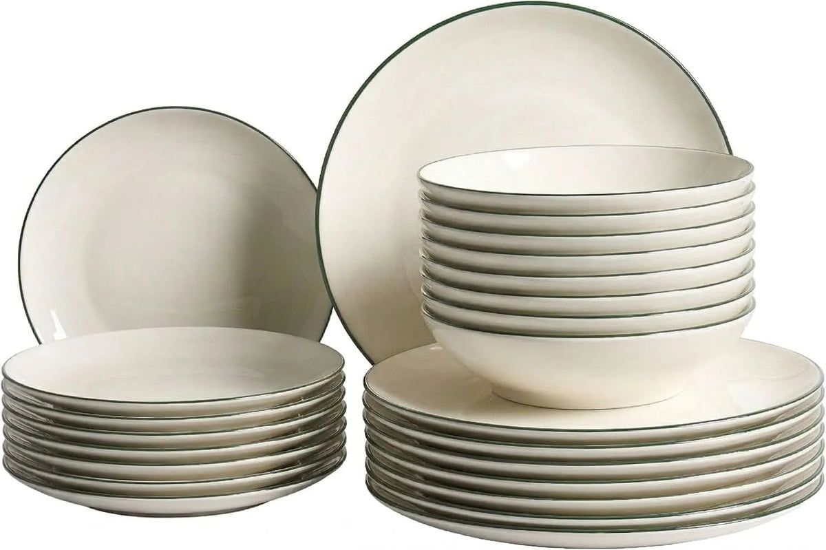 Service de, avec Bordure Décorative Finition Émail Transparente finition blanche Cassé et Vert Cumin, Vaisselle en Porcelaine 24 Pièces