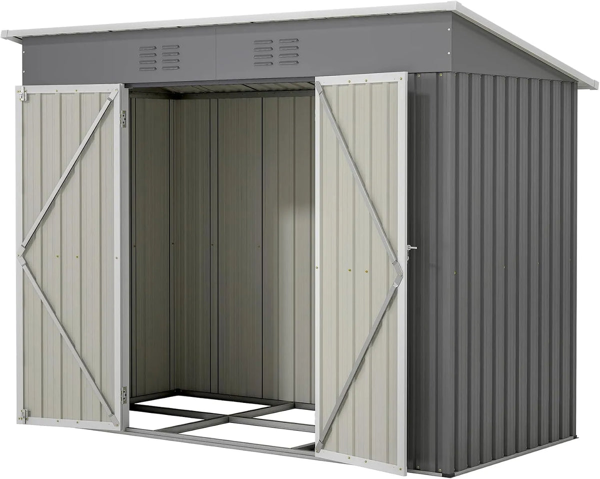 Abri de jardin, dimensions 242 x 126 x 182 cm, en métal, Étanche, Pour extérieur, terrasse, à outils, sans sol, finition grise